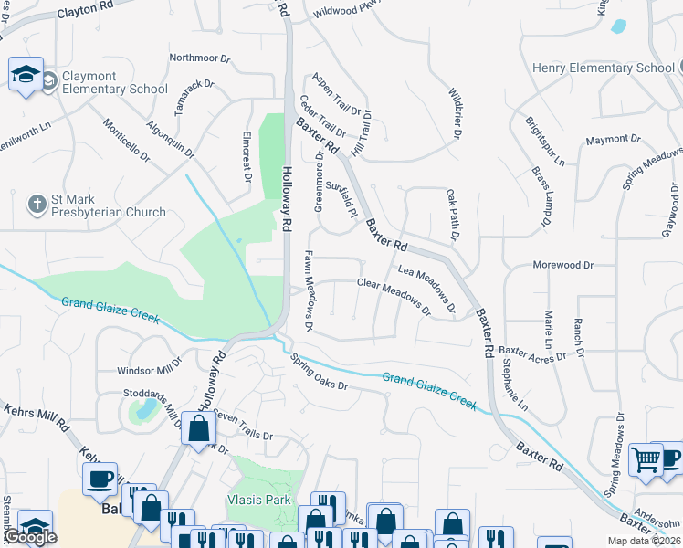 map of restaurants, bars, coffee shops, grocery stores, and more near 200 Cool Meadows Drive in Ballwin