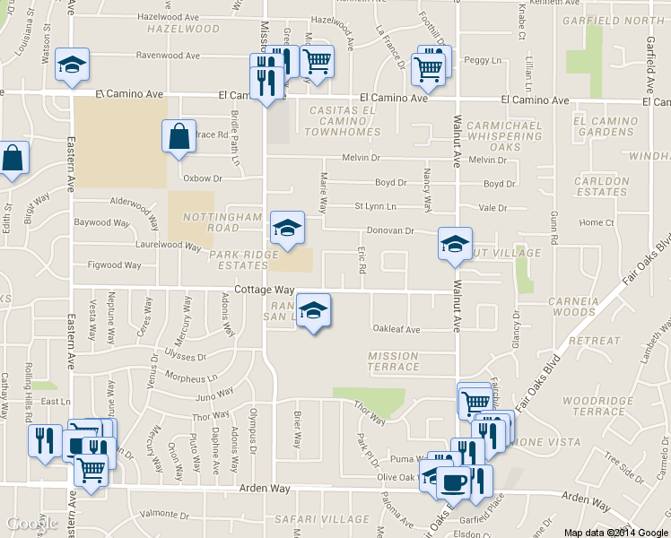 map of restaurants, bars, coffee shops, grocery stores, and more near 2121 Maddox Court in Carmichael