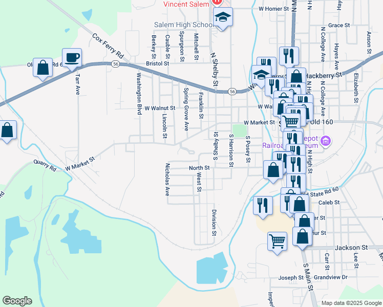 map of restaurants, bars, coffee shops, grocery stores, and more near 804 West Market Street in Salem