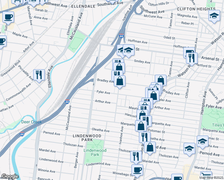 map of restaurants, bars, coffee shops, grocery stores, and more near 3261 Ivanhoe Avenue in St. Louis