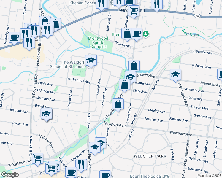 map of restaurants, bars, coffee shops, grocery stores, and more near 110 East Thornton Avenue in Webster Groves
