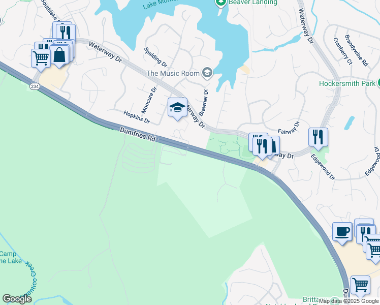 map of restaurants, bars, coffee shops, grocery stores, and more near 16204 Dumfries Road in Dumfries