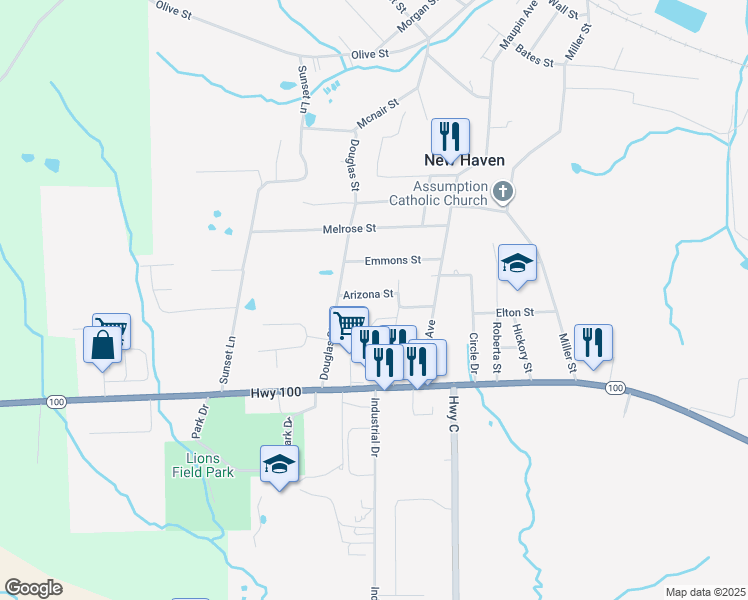 map of restaurants, bars, coffee shops, grocery stores, and more near 114 Arizona Street in New Haven