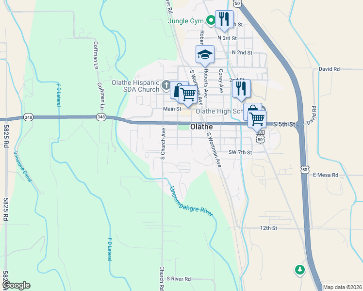 map of restaurants, bars, coffee shops, grocery stores, and more near 306 6th St in Olathe