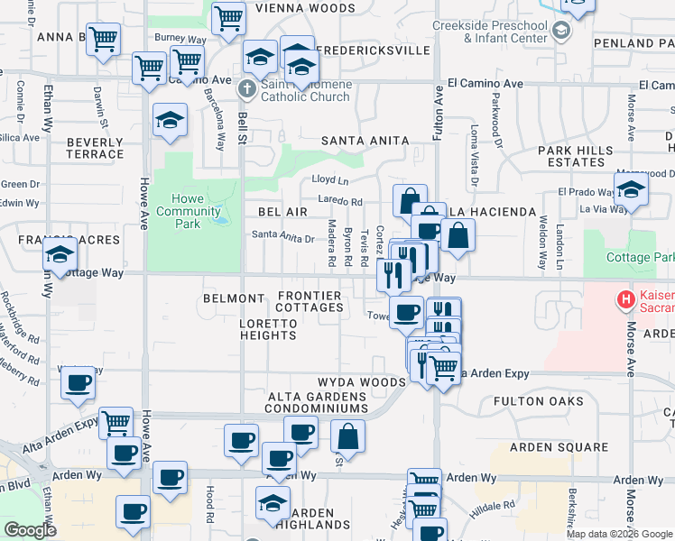 map of restaurants, bars, coffee shops, grocery stores, and more near 2108 Byron Road in Sacramento