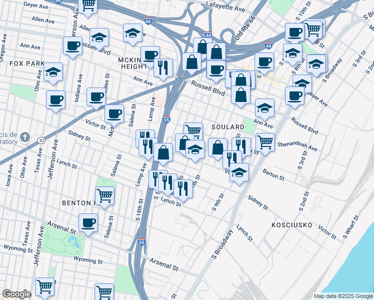 map of restaurants, bars, coffee shops, grocery stores, and more near 2401 South 12th Street in St. Louis