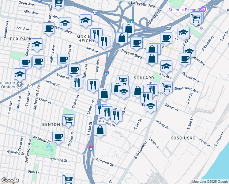 map of restaurants, bars, coffee shops, grocery stores, and more near 2411 South 13th Street in St. Louis