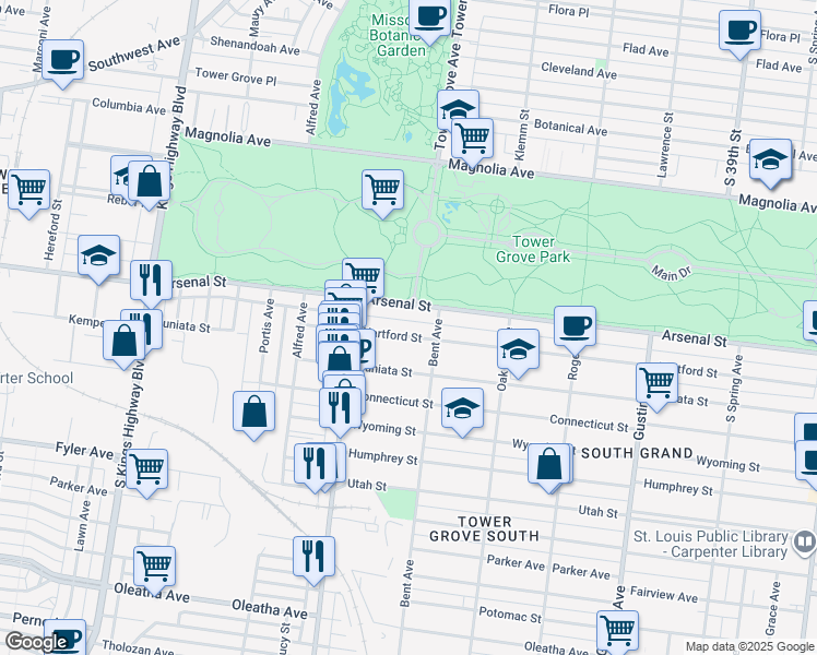 map of restaurants, bars, coffee shops, grocery stores, and more near 4242 Arsenal Street in St. Louis