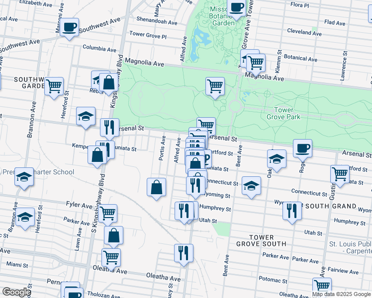 map of restaurants, bars, coffee shops, grocery stores, and more near 4335 Hartford Street in St. Louis