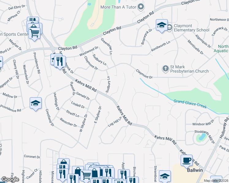 map of restaurants, bars, coffee shops, grocery stores, and more near 322 Sudbury Lane in Ballwin