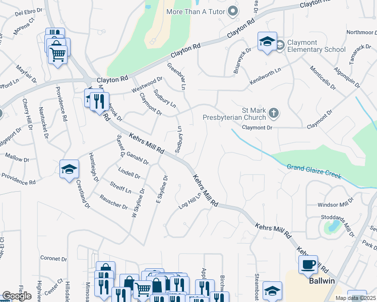 map of restaurants, bars, coffee shops, grocery stores, and more near 322 Sudbury Lane in Ballwin