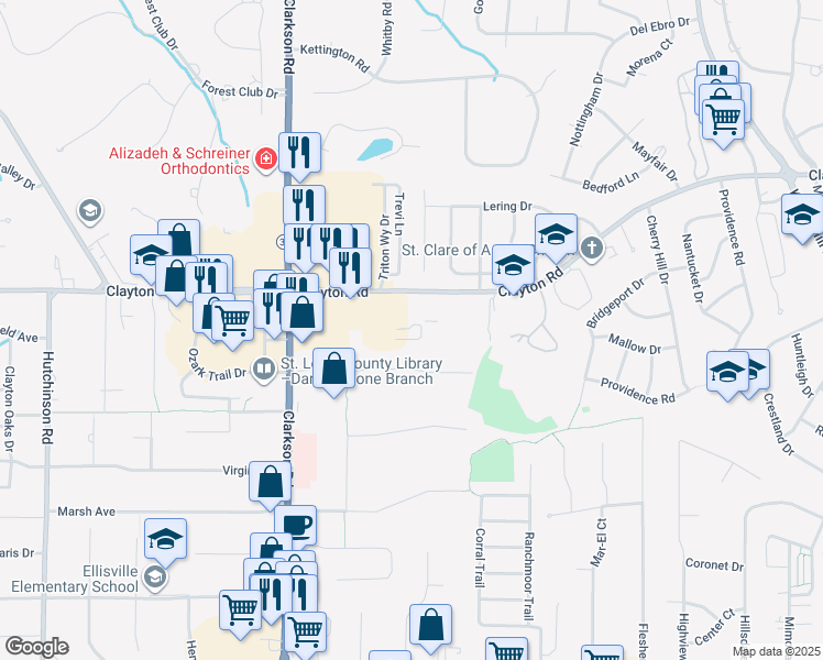 map of restaurants, bars, coffee shops, grocery stores, and more near 15820 Clayton Road in Ellisville