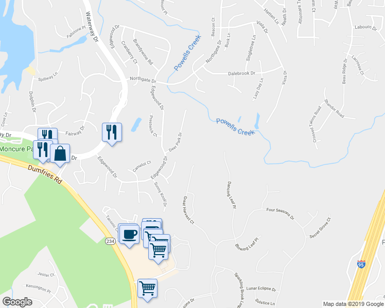 map of restaurants, bars, coffee shops, grocery stores, and more near 4079 Great Harvest Court in Dumfries