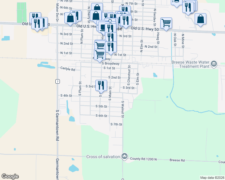 map of restaurants, bars, coffee shops, grocery stores, and more near 300 South Main Street in Breese