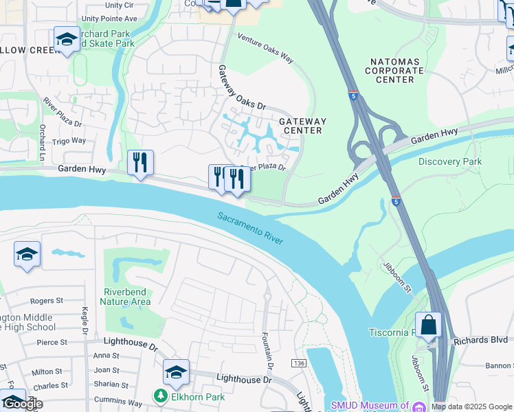 map of restaurants, bars, coffee shops, grocery stores, and more near 1331 Garden Highway in Sacramento