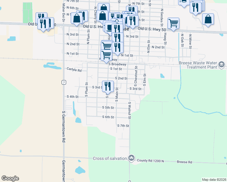 map of restaurants, bars, coffee shops, grocery stores, and more near 300 South Main Street in Breese