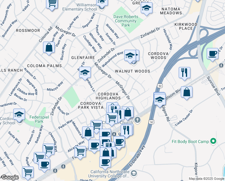map of restaurants, bars, coffee shops, grocery stores, and more near 10836 Ballantrae Way in Rancho Cordova