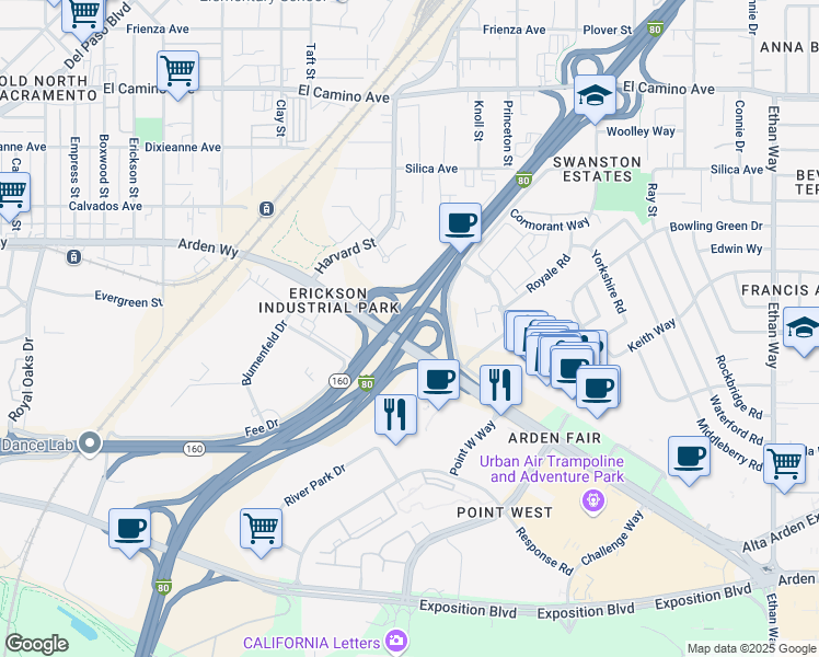 map of restaurants, bars, coffee shops, grocery stores, and more near Capital City Freeway in Sacramento