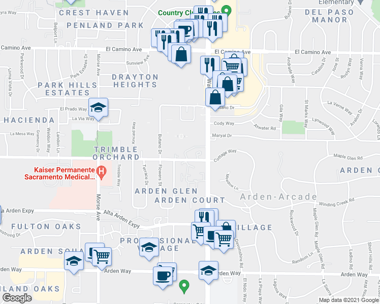 map of restaurants, bars, coffee shops, grocery stores, and more near 3343 Cottage Way in Sacramento