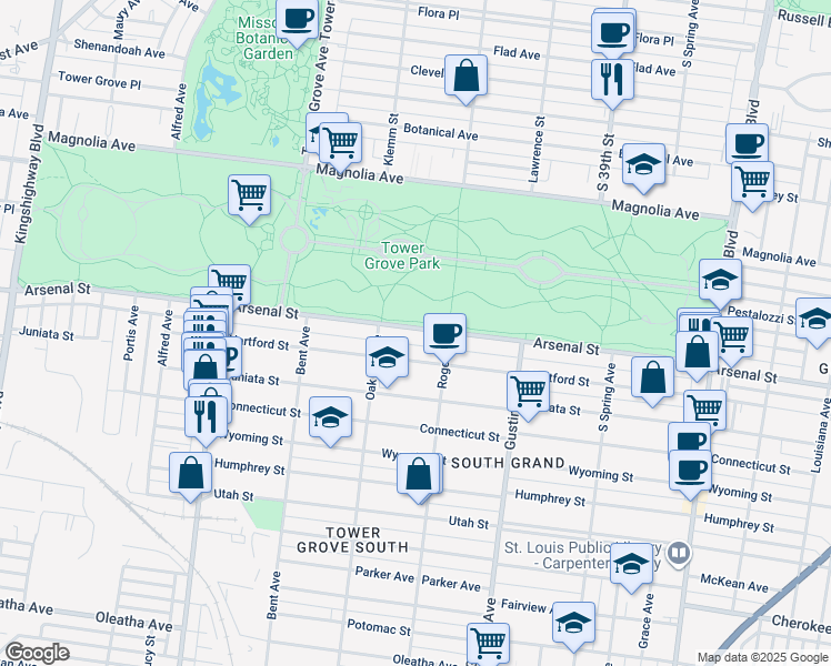 map of restaurants, bars, coffee shops, grocery stores, and more near 4032a Arsenal Street in St. Louis