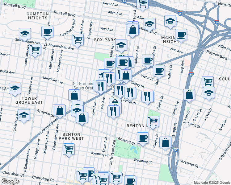 map of restaurants, bars, coffee shops, grocery stores, and more near 2705 South Jefferson Avenue in St. Louis