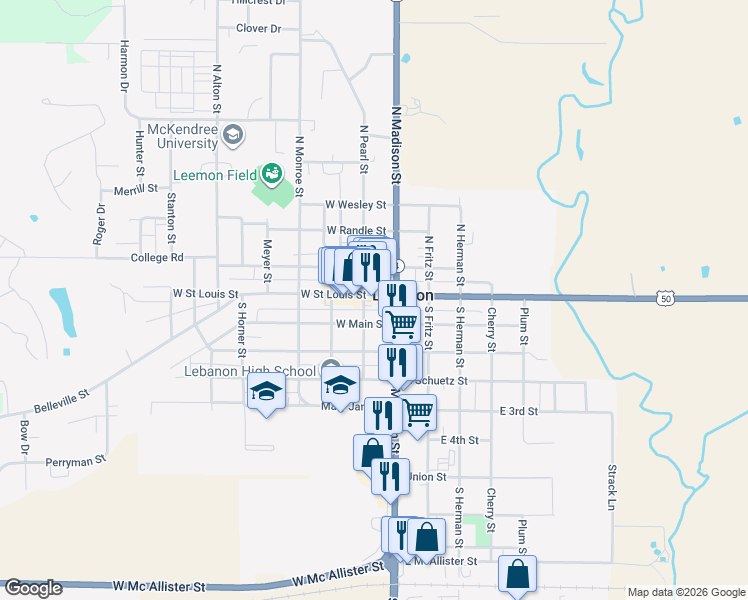 map of restaurants, bars, coffee shops, grocery stores, and more near in Lebanon
