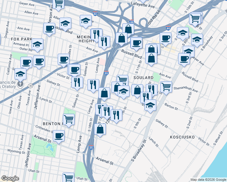 map of restaurants, bars, coffee shops, grocery stores, and more near 2411 South 13th Street in St. Louis