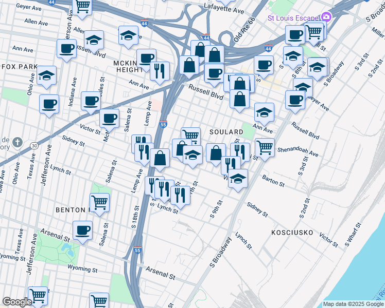 map of restaurants, bars, coffee shops, grocery stores, and more near 2416 South 12th Street in St. Louis