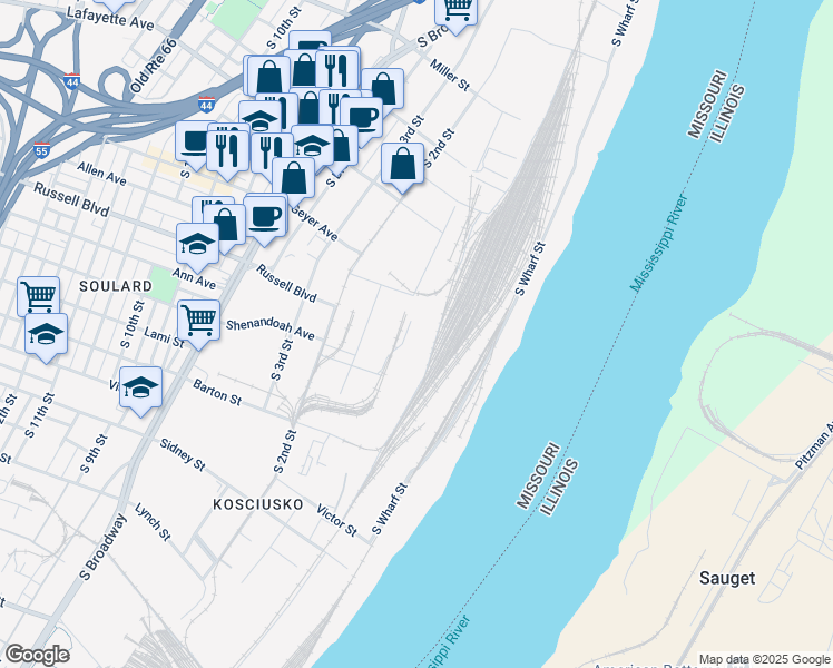 map of restaurants, bars, coffee shops, grocery stores, and more near 109 Russell Boulevard in Saint Louis