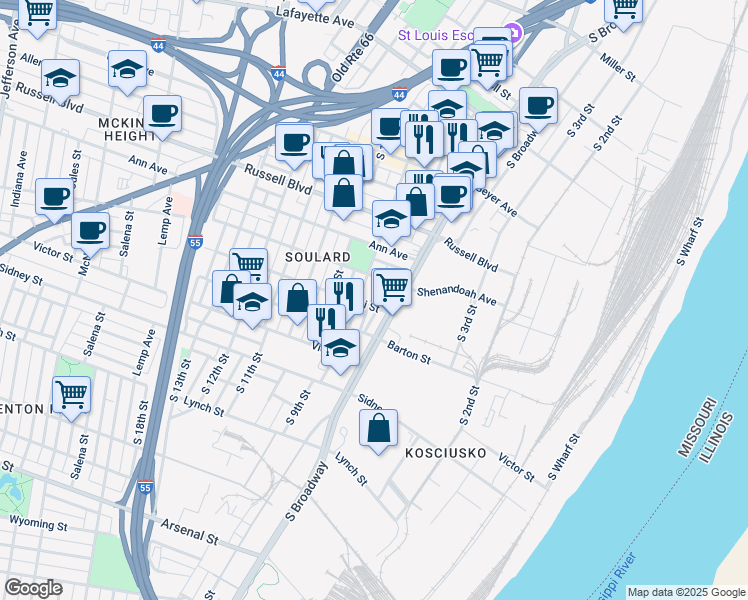 map of restaurants, bars, coffee shops, grocery stores, and more near 713 Lami Street in St. Louis