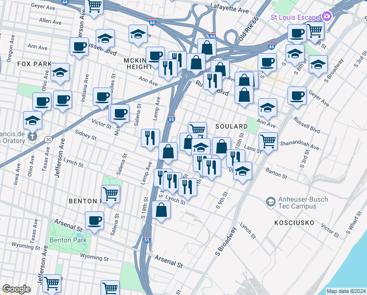 map of restaurants, bars, coffee shops, grocery stores, and more near 2411 South 13th Street in St. Louis