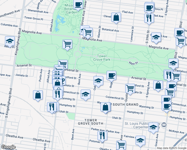 map of restaurants, bars, coffee shops, grocery stores, and more near in St. Louis