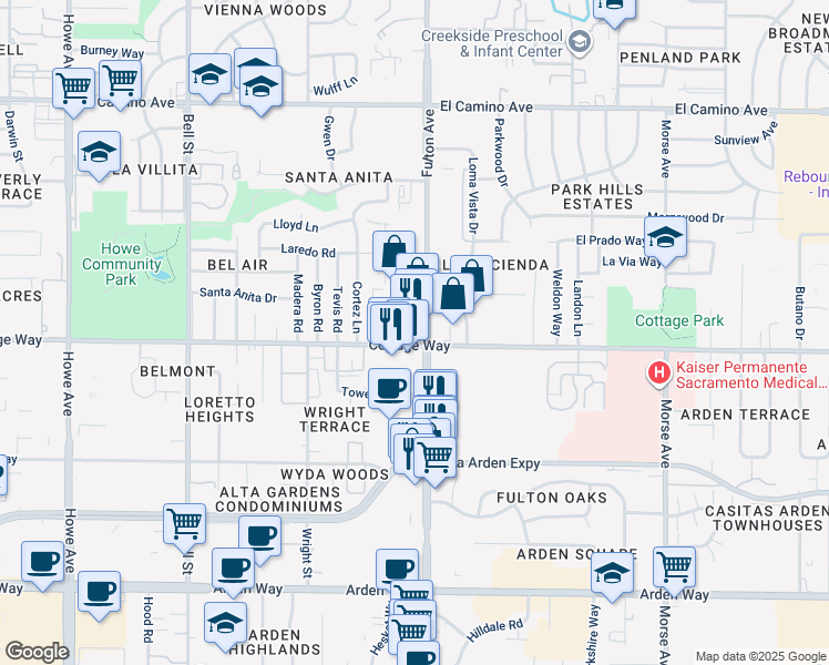 map of restaurants, bars, coffee shops, grocery stores, and more near 2537 Cottage Way in Sacramento