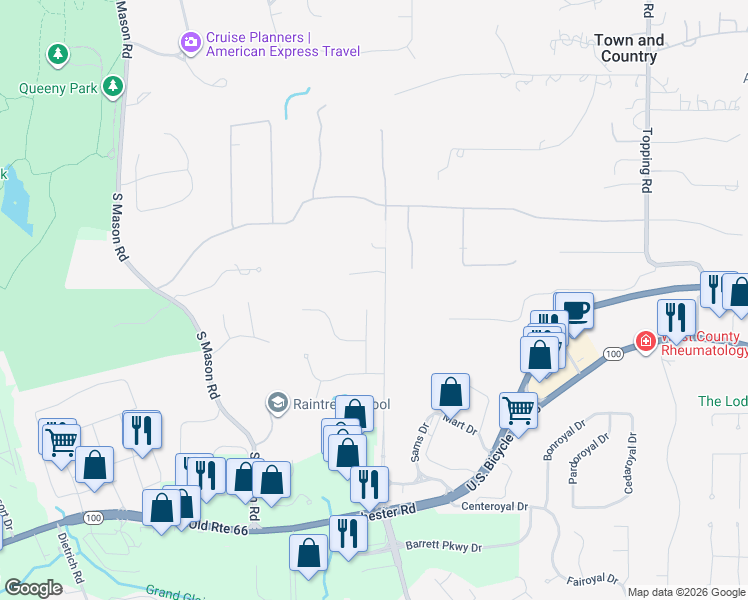 map of restaurants, bars, coffee shops, grocery stores, and more near 2004 Grecian Way Court in St. Louis