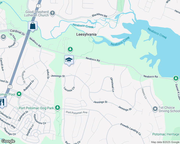 map of restaurants, bars, coffee shops, grocery stores, and more near 16014 Macedonia Drive in Woodbridge
