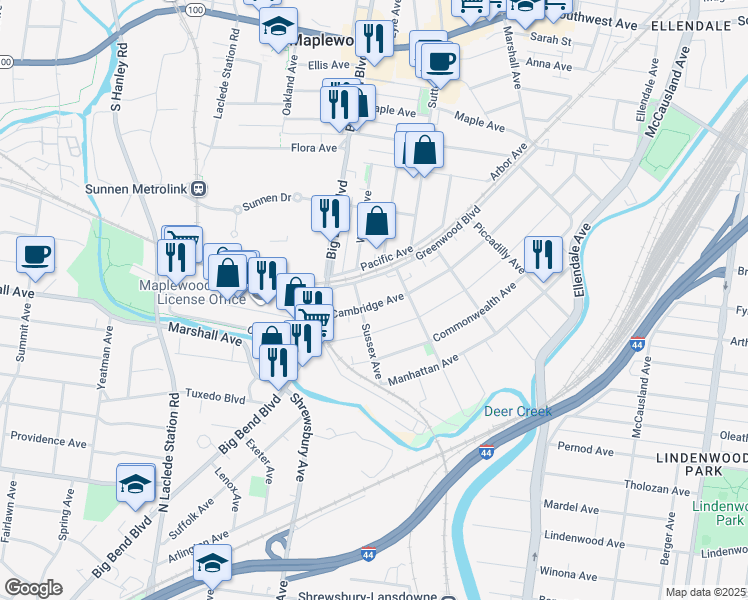 map of restaurants, bars, coffee shops, grocery stores, and more near 3627 Cambridge Avenue in Maplewood