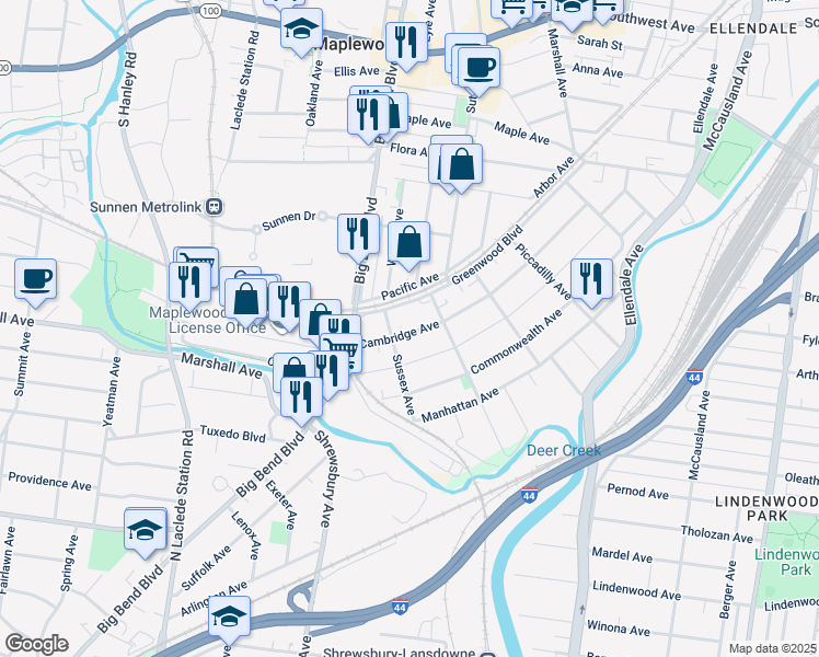 map of restaurants, bars, coffee shops, grocery stores, and more near 3625 Cambridge Avenue in Maplewood