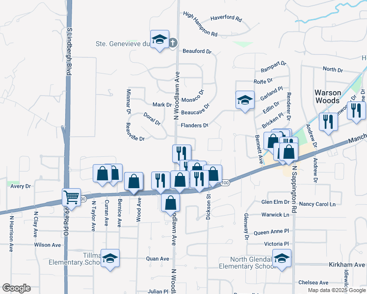 map of restaurants, bars, coffee shops, grocery stores, and more near 511 Gray Barn Lane in St. Louis