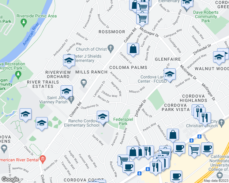 map of restaurants, bars, coffee shops, grocery stores, and more near 10579 Pinot Way in Rancho Cordova