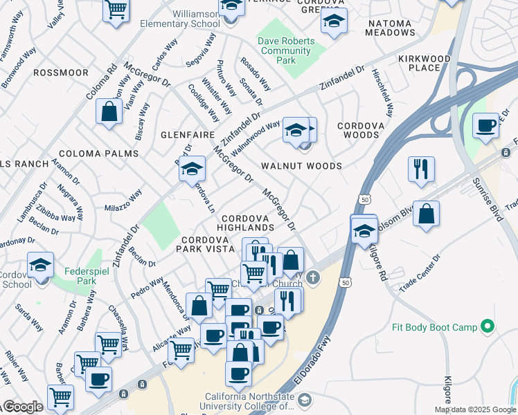 map of restaurants, bars, coffee shops, grocery stores, and more near 10836 Ballantrae Way in Rancho Cordova