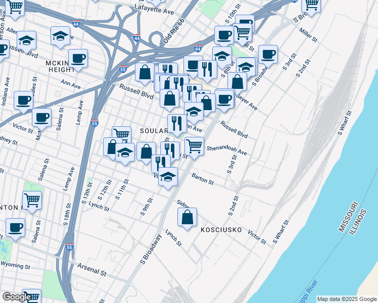map of restaurants, bars, coffee shops, grocery stores, and more near 713 Lami Street in St. Louis