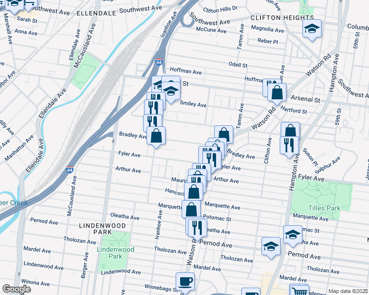 map of restaurants, bars, coffee shops, grocery stores, and more near 6532 Bradley Avenue in St. Louis