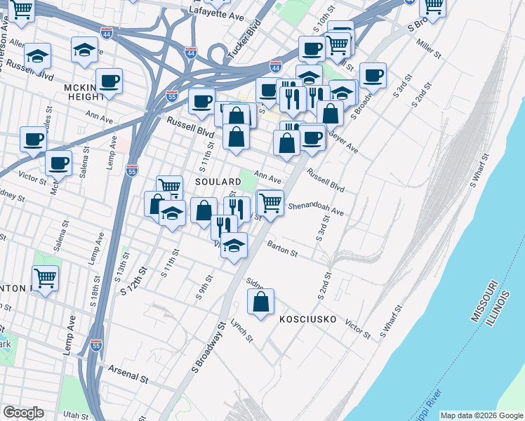 map of restaurants, bars, coffee shops, grocery stores, and more near 713 Lami Street in St. Louis