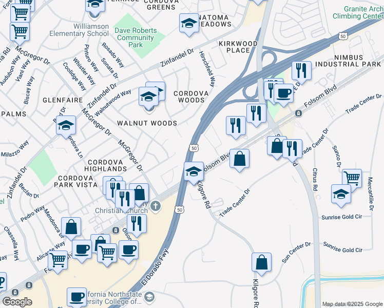 map of restaurants, bars, coffee shops, grocery stores, and more near El Dorado Freeway in Rancho Cordova