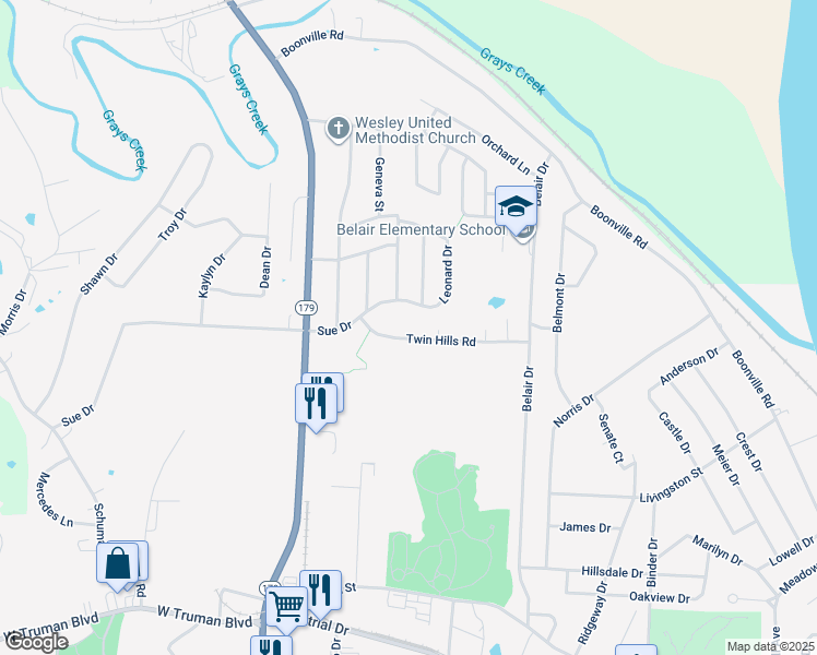map of restaurants, bars, coffee shops, grocery stores, and more near 2628 Twin Hills Road in Jefferson City