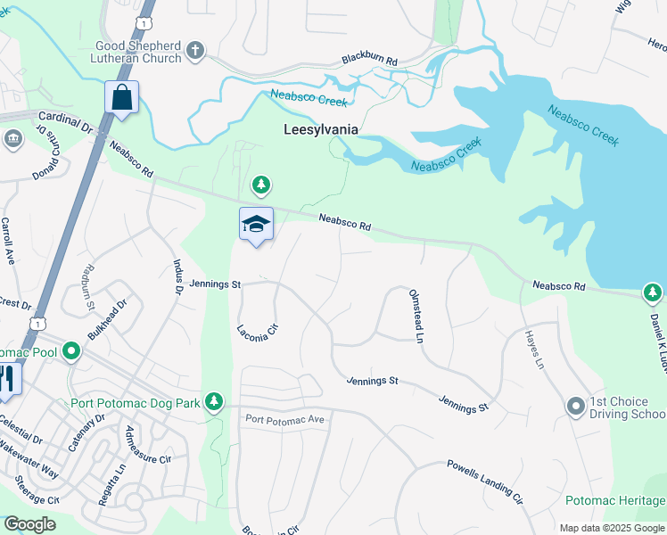 map of restaurants, bars, coffee shops, grocery stores, and more near 16014 Macedonia Drive in Woodbridge