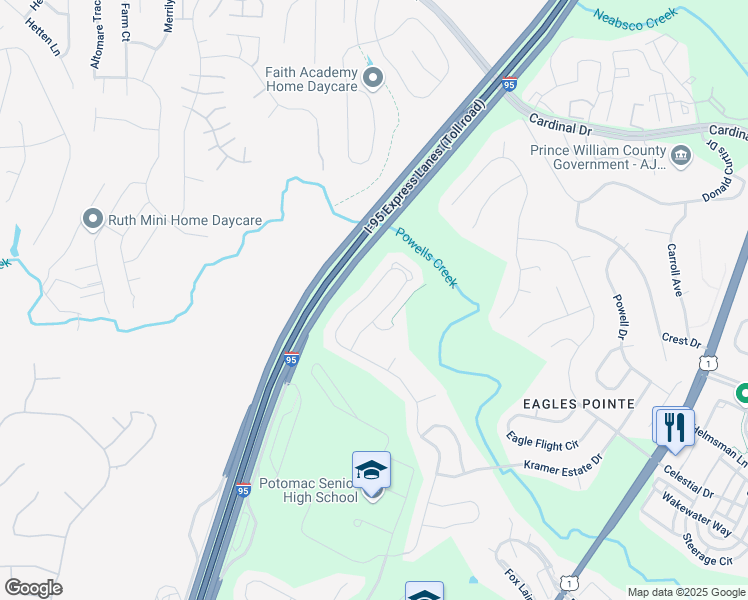 map of restaurants, bars, coffee shops, grocery stores, and more near 3496 Eagle Ridge Drive in Woodbridge