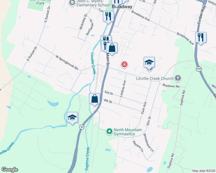 map of restaurants, bars, coffee shops, grocery stores, and more near 124 2nd Street in Broadway