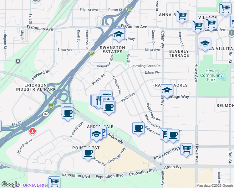 map of restaurants, bars, coffee shops, grocery stores, and more near 2112 New Haven Road in Sacramento
