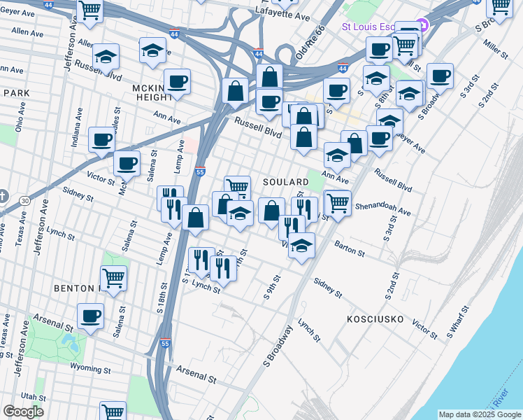 map of restaurants, bars, coffee shops, grocery stores, and more near 2348 South 11th Street in St. Louis